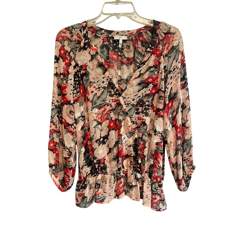Joie 100% Silk Cream and Red Floral Smocked Blouse Ladies Size Medium